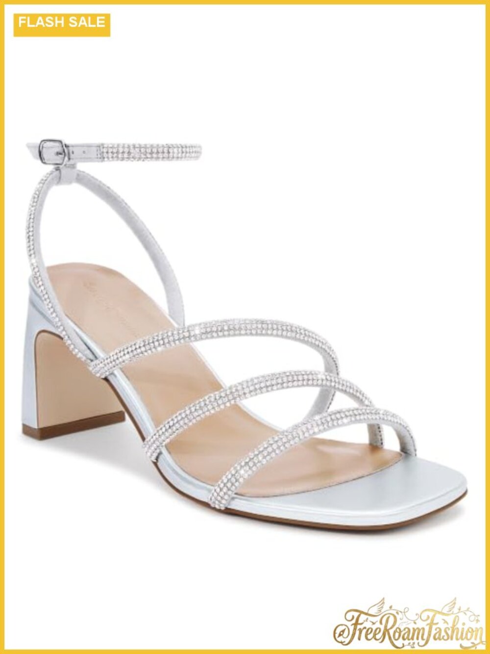 Rhinestone Block Heel Ankle Strap Square Toe Dress Heels